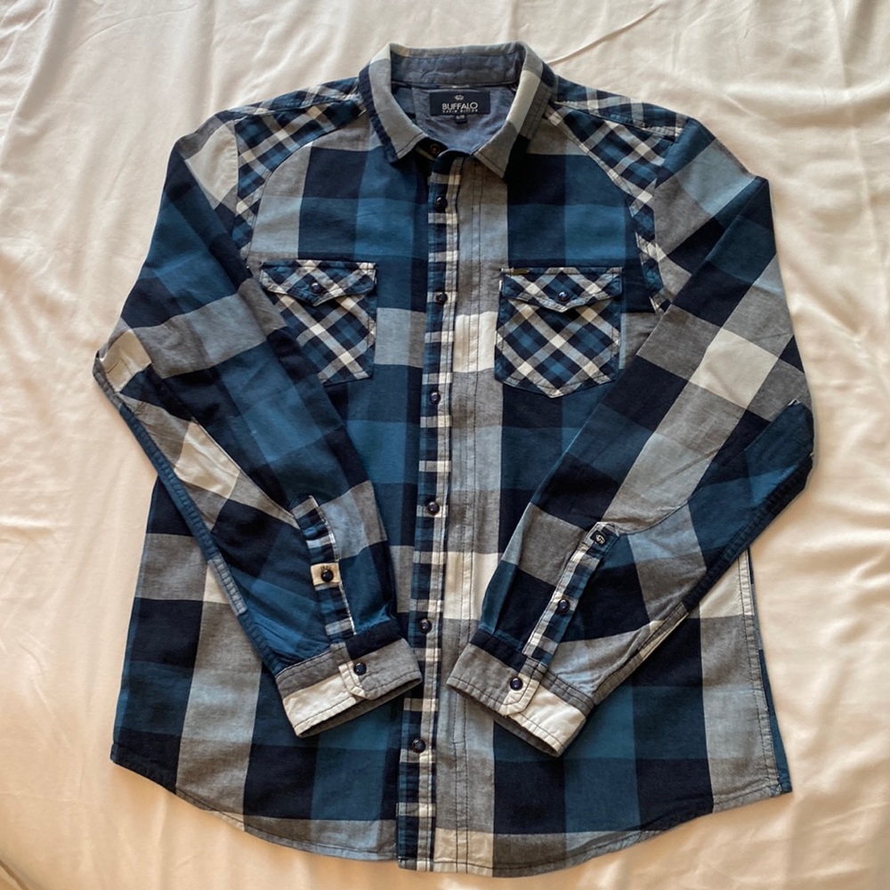 Men’s Buffalo David Bitton L/S Zipper Front & Snap Down Shirt Blue & Grey XL